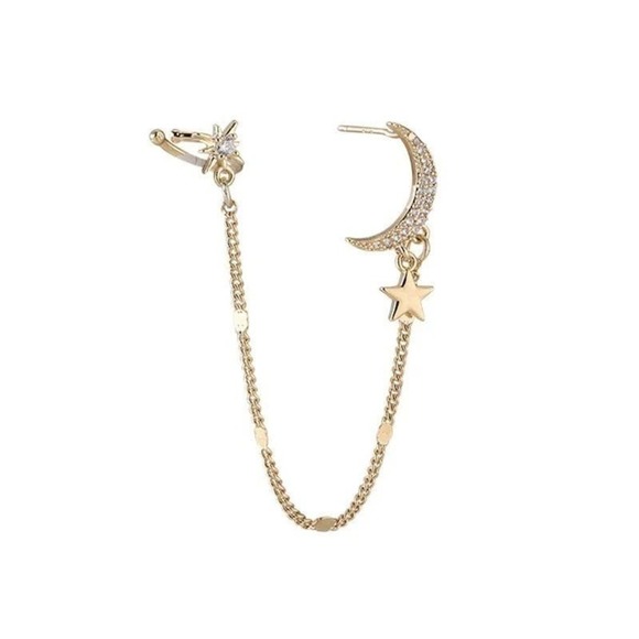 Boho Golden Crescent Moon and Stars Dreamer Cuff Chain Earrings Gold A0128 - Picture 10 of 12